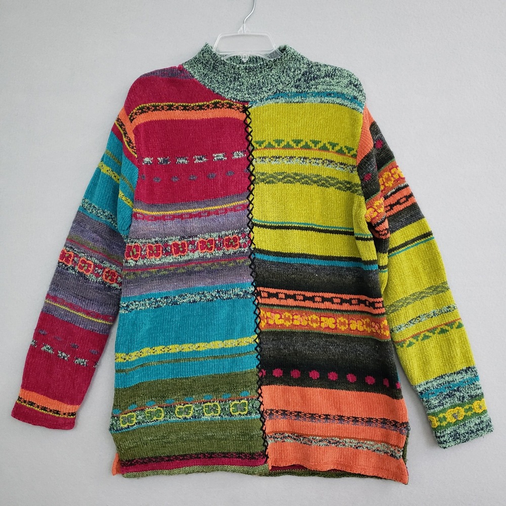 Bedford Fair Lifestyles L Sweater Patchwork Chenille Mock Neck Retro Eclectic